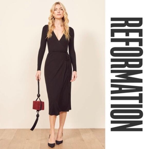 Reformation Jeans Celine Wrap Ribbed Knit Sweater Dress Black Medium - Picture 13 of 13